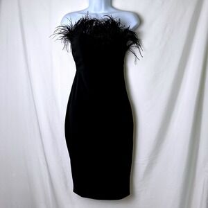 LPA Women Aurora Strapless Feather Trim Bodycon Midi Dress Size XXS Black Glam